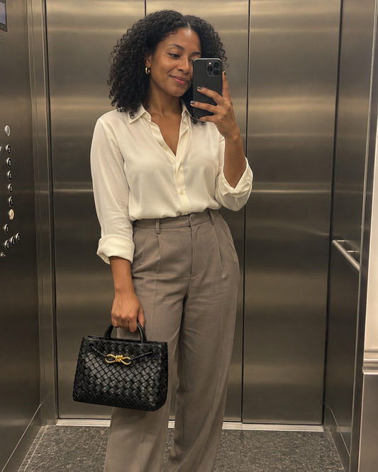 AI-generated styling illustration: black woven Andiamo bag in an office elevator mirror selfie.