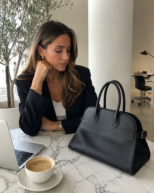 black margaux style top handle bag quiet luxury work outfit