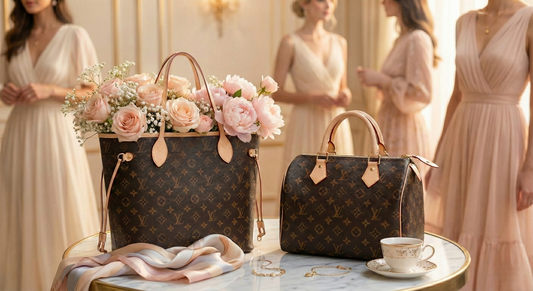Louis Vuitton Neverfull tote filled with flowers and a Speedy handbag side-by-side on a luxurious marble table setting