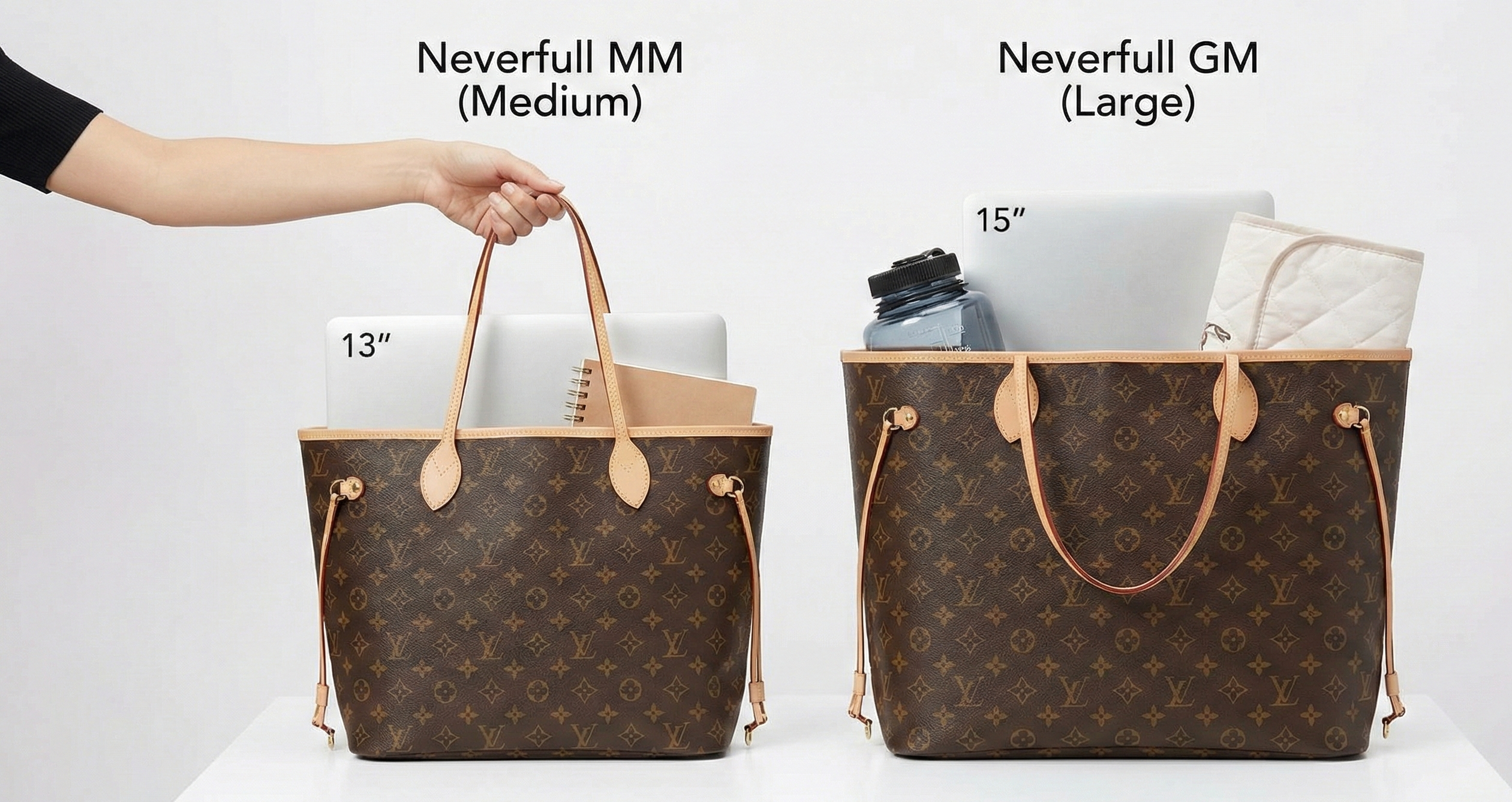 Neverfull MM vs GM size comparison showing the difference in tote bag capacity