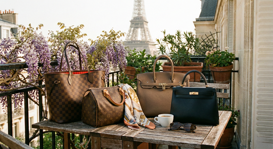 A luxurious collection of designer handbags, including Louis Vuitton Neverfull and Speedy, alongside Hermès Birkin and Kelly bags, arranged on a sunlit Parisian balcony overlooking the Eiffel Tower.