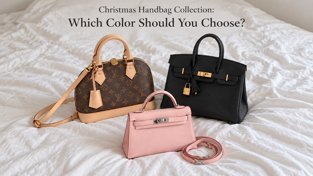 Styled illustration of brown, black and pink handbags on white bedding, with the title Christmas Handbag Collection: Which Color Should You Choose?