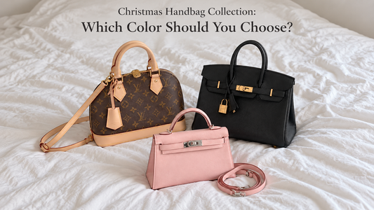 Styled illustration of brown, black and pink handbags on white bedding, with the title Christmas Handbag Collection: Which Color Should You Choose?