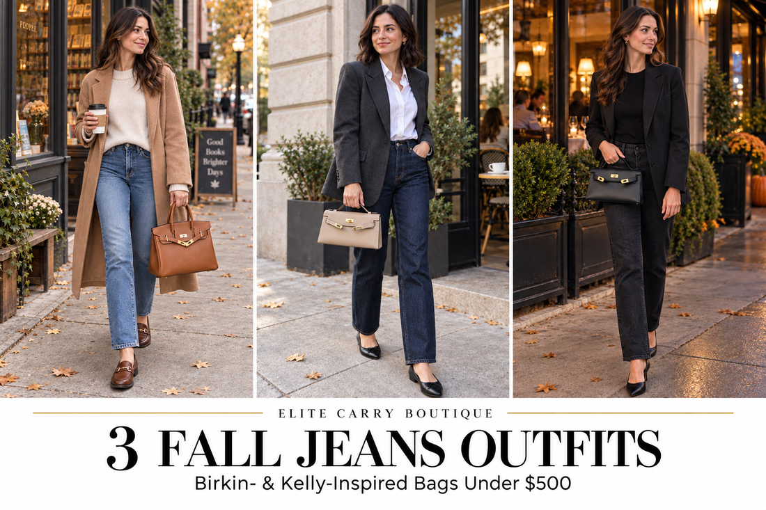 AI-generated collage of three fall denim outfits with brown Birkin-inspired and beige and black Kelly-inspired handbags.