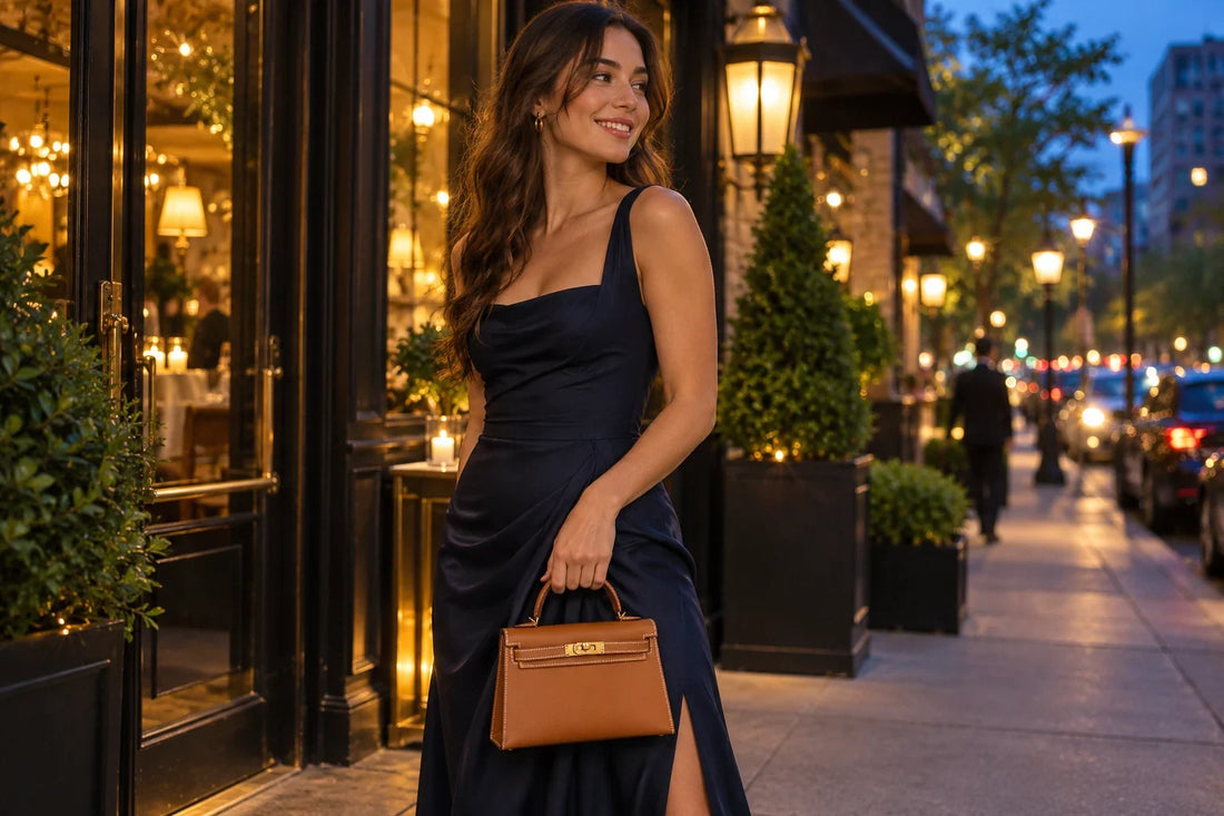 AI-generated evening styling illustration of a woman in a navy dress carrying a brown Mini Bag Kelly by its top handle
