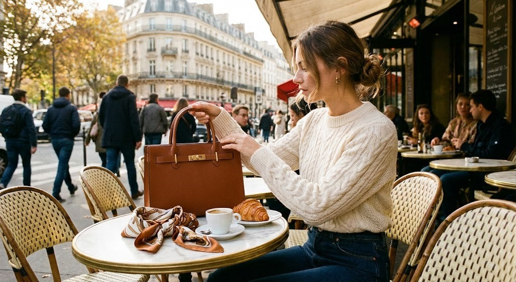 Woman holding a structured quiet-luxury handbag that elevates a simple outfit in 2026 fashion trends