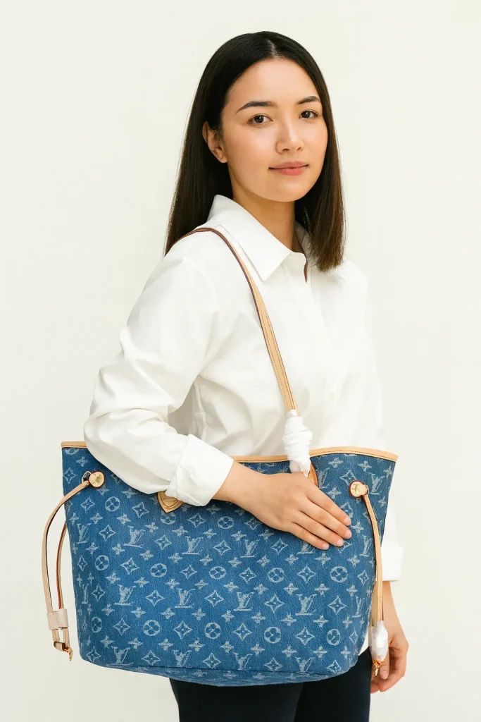 denim neverfull-style tote bag worn over shoulder with relaxed casual outfit.