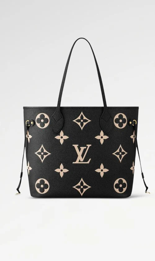 Black and beige neverfull-style tote bag with slim shoulder handles and adjustable side laces on a white background