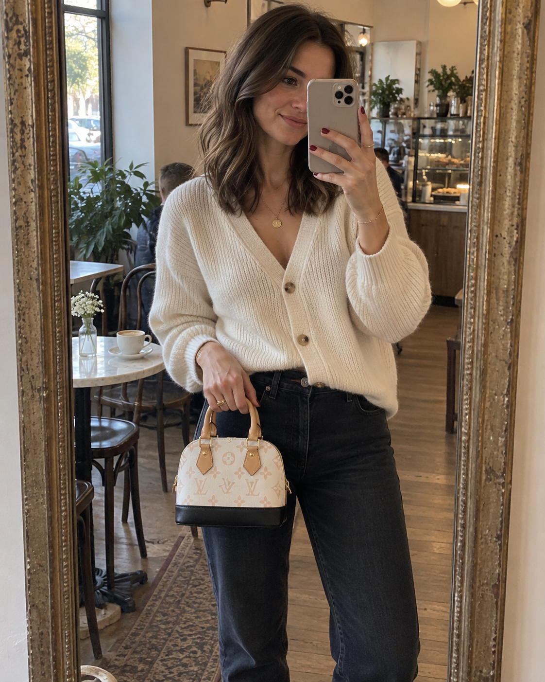 AI-generated styling illustration: white Alma BB bag carried in a cafe mirror selfie.