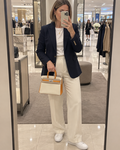 AI-generated styling illustration: cream, taupe and orange Epsom handbag in a mall mirror selfie.
